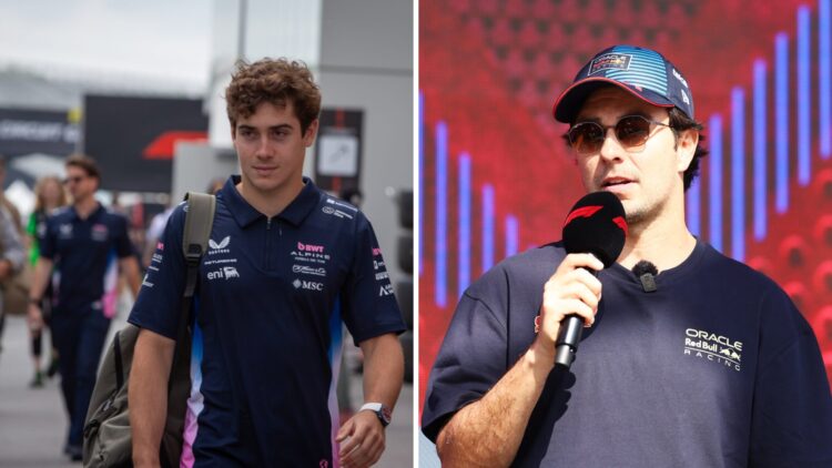 Alpine driver Franco Colapinto (left) at the Canadian Grand Prix, Sergio Perez (right) speaking to a crowd of Formula 1 fans