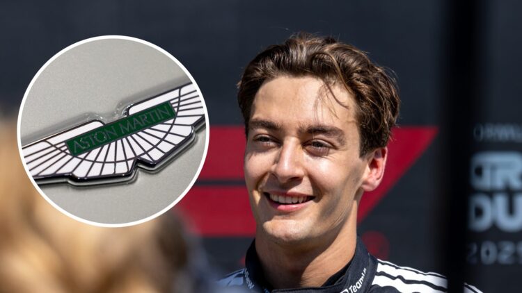 Mercedes driver George Russell at the 2025 F1 Canadian Grand Prix, inset, Aston Martin badge
