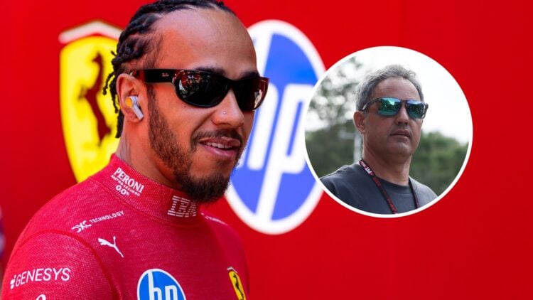Ferrari driver Lewis Hamilton at the 2025 F1 Spanish Grand Prix, inset, Juan Pablo Montoya