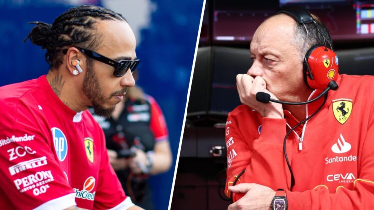 Ferrari driver Lewis Hamilton signs an autograph at the 2025 F1 Spanish Grand Prix and team principal Fred Vasseur on the pit wall in Qatar