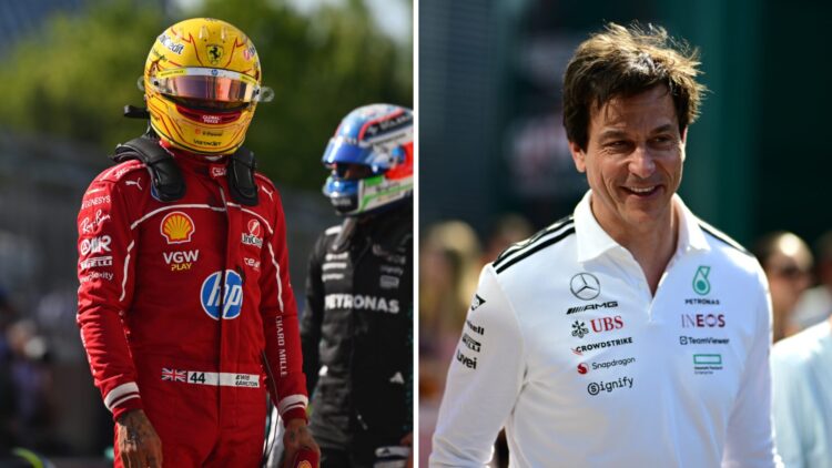 Ferrari driver Lewis Hamilton (left) at the 2025 F1 Canadian Grand Prix, Mercedes team principal Toto Wolff (right) at the 2025 Canadian Grand Prix