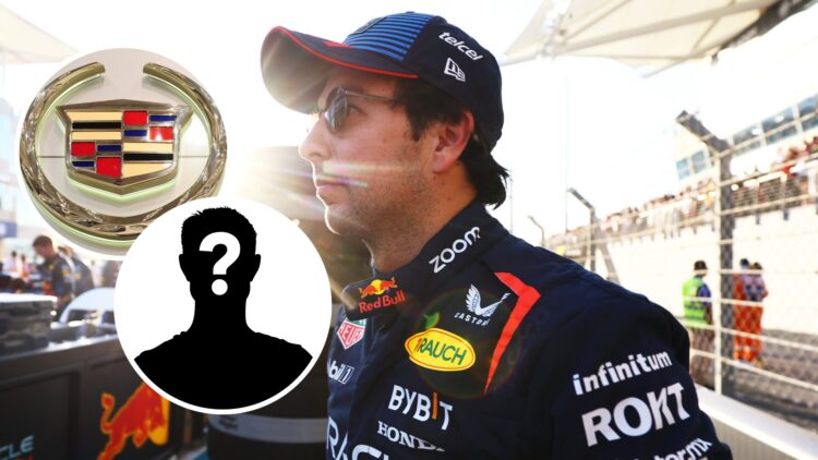 Sergio Perez driving for Red Bull Racing at the 2024 Abu Dhabi Grand Prix, inset, Cadillac badge
