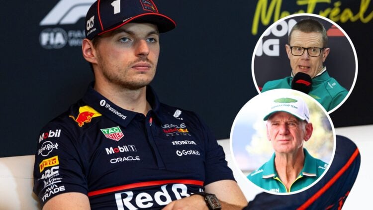 Max Verstappen of Red Bull Racing and Adrian Newey and Andy Cowell of Aston Martin