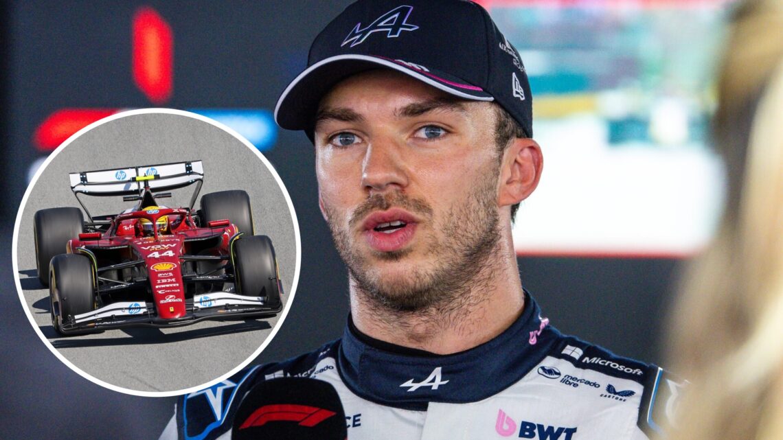 Pierre Gasly being interviewed at the 2025 Spanish Grand Prix, inset Lewis Hamilton