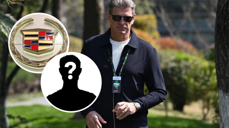 Cadillac F1 team principal Graeme Lowdon at the Chinese Grand Prix, inset, Cadillac badge