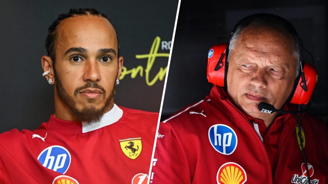 Ferrari driver Lewis Hamilton in the drivers' press conference at the 2025 F1 Canadian Grand Prix and team principal Fred Vasseur on the pit wall i...