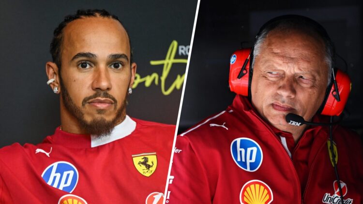 Ferrari driver Lewis Hamilton in the drivers' press conference at the 2025 F1 Canadian Grand Prix and team principal Fred Vasseur on the pit wall i...