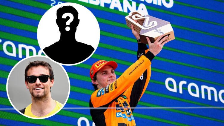 McLaren driver Oscar Piastri celebrates victory at the 2025 Spanish Grand Prix, insets Jolyon Palmer and Mystery