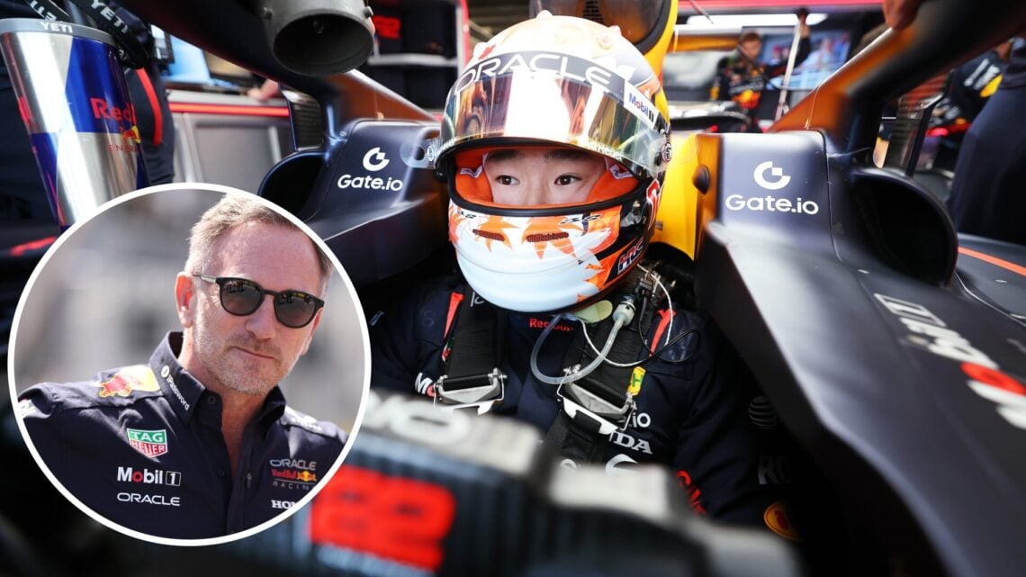 Yuki Tsunoda sits in the Red Bull F1 car; inset of Christian Horner looking on