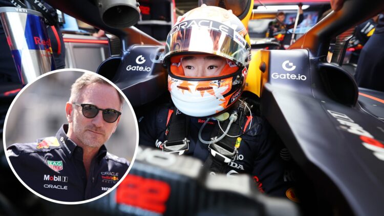 Yuki Tsunoda sits in the Red Bull F1 car; inset of Christian Horner looking on