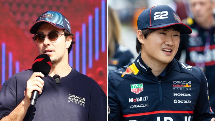 Sergio Perez speaks in the F1 fan zone (L); Yuki Tsunoda of Red Bull gestures in the paddock (R)