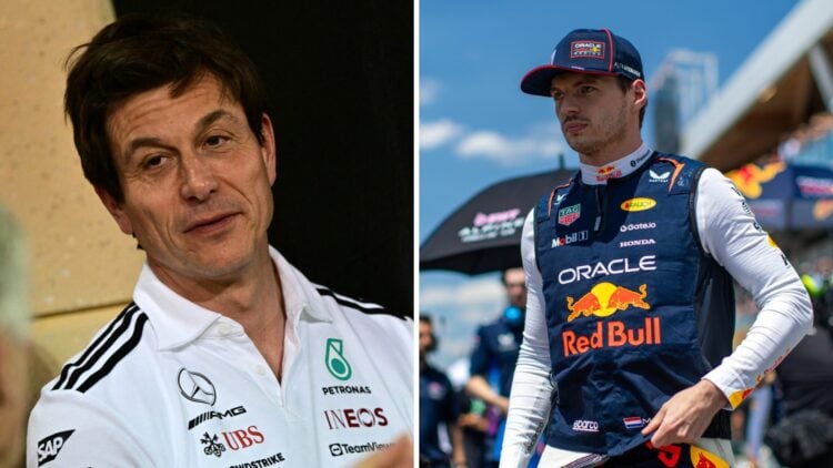 Split image of Mercedes team principal Toto Wolff (L) and Red Bull driver Max Verstappen (R)