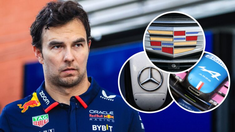 Sergio Perez in the 2024 F1 Abu Dhabi Grand Prix paddock with insets of Cadillac, Mercedes and Alpine's logos
