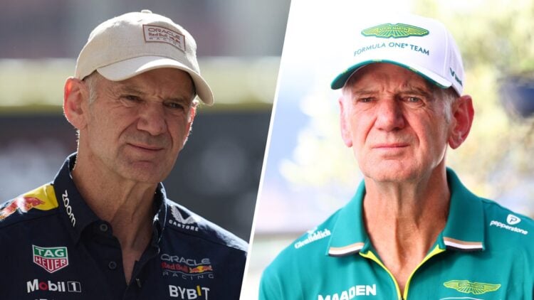 A split image of Adrian Newey at the 2024 Monaco Grand Prix whilst Red Bull's chief technical officer and in 2025 as Aston Martin's managing techin...