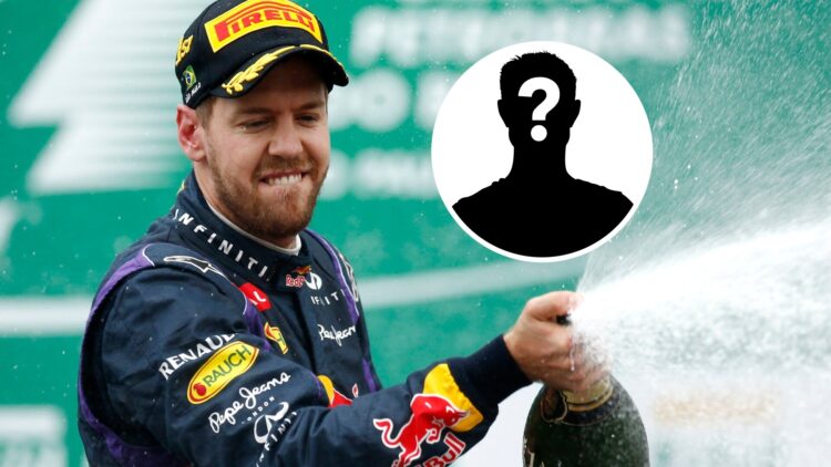 Sebastian Vettel driving for Red Bull Racing during the 2013 Formula 1 season celebrating on the podium