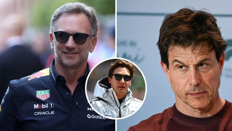 Split image of Christian Horner (L) and Toto Wolff (R), inset Mercedes driver George Russell