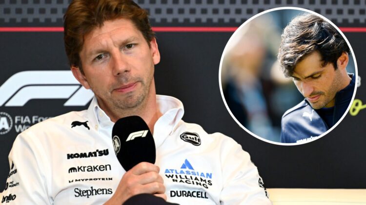 Williams boss James Vowles in the 2025 F1 Canadian Grand Prix team principals press conference with an inset of Carlos Sainz arriving in the Montre...