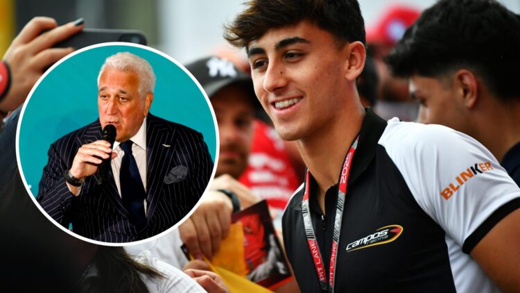 Campos Racing driver Mari Boya at the 2025 Formula 3 round in Barcelona, inset Aston Martin boss Lawrence Stroll