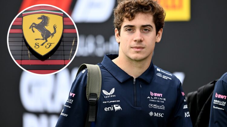 Alpine driver Franco Colapinto in the paddock at the 2025 Canadian Grand Prix, inset Ferrari logo