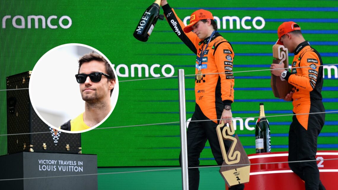 McLaren drivers Oscar Piastri and Lando Norris on the podium at the Spanish Grand Prix, inset, Jolyon Palmer