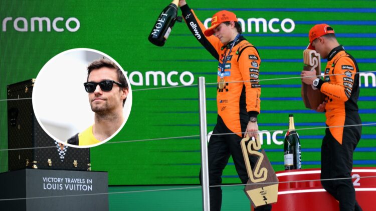 McLaren drivers Oscar Piastri and Lando Norris on the podium at the Spanish Grand Prix, inset, Jolyon Palmer