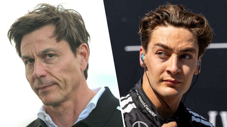 Mercedes team principal Toto Wolff speaks the media before qualifying for the 2025 F1 Canadian Grand Prix and driver George Russell after winning i...