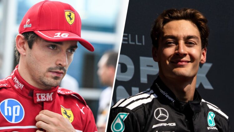 Ferrari driver Charles Leclerc reacts after qualifying for the 2025 F1 Canadian Grand Prix and Mercedes rival George Russell celebrates winning the...