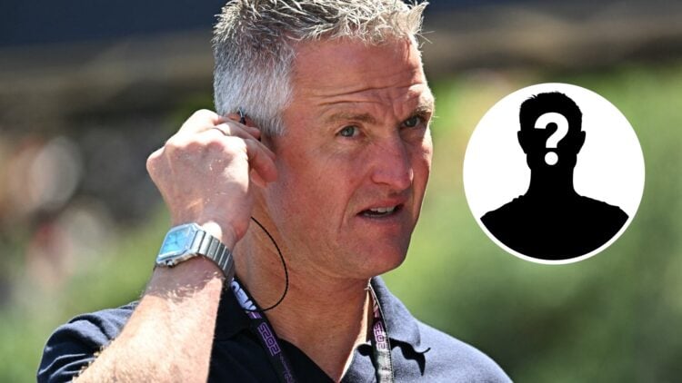 Formula 1 pundit Ralf Schumacher working at the 2025 F1 Monaco Grand Prix, inset, mystery figure
