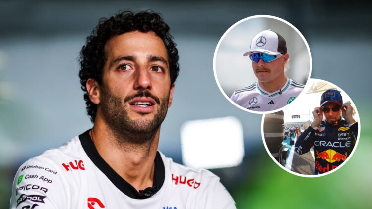 RB driver Daniel Ricciardo in the 2024 F1 Singapore Grand Prix paddock, with insets of Mercedes reserve driver Valtteri Bottas at the 2025 Canadian...