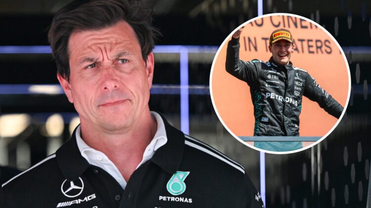 Mercedes team principal Toto Wolff leaves the garage after qualifying for the 2025 F1 Canadian Grand Prix with an inset of George Russell celebrati...