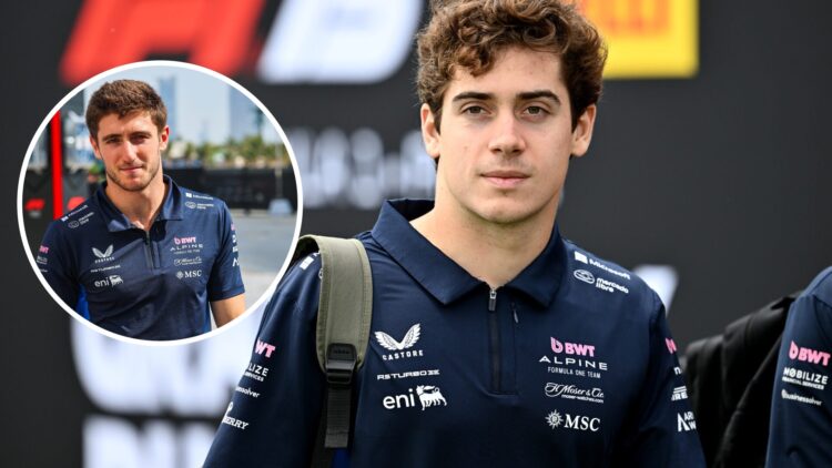 Franco Colapinto of Alpine arrives in the F1 paddock; inset of Jack Doohan