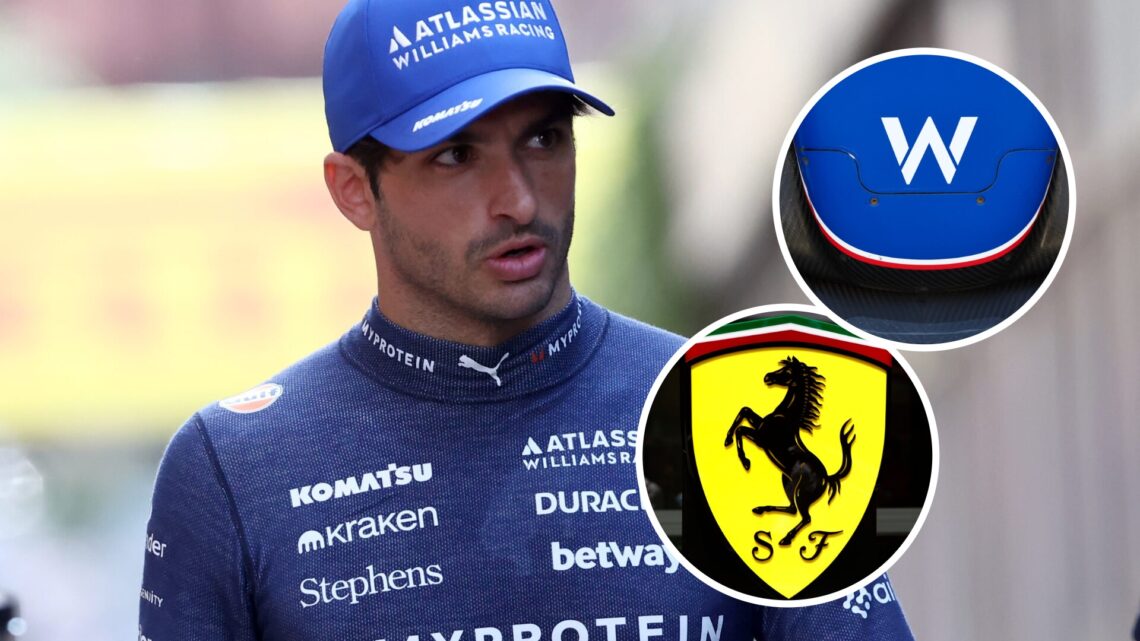 Williams driver Carlos Sainz seen in the F1 paddock, insets of the Williams and Ferrari logos