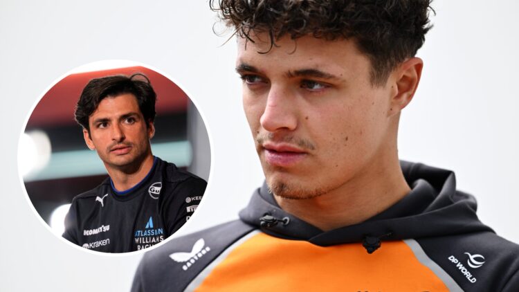Lando Norris of McLaren looks on in the F1 paddock; inset of Williams driver Carlos Sainz