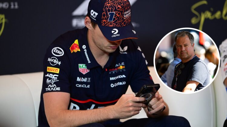 Max Verstappen of Red Bull in a press conference; inset of Ted Kravitz