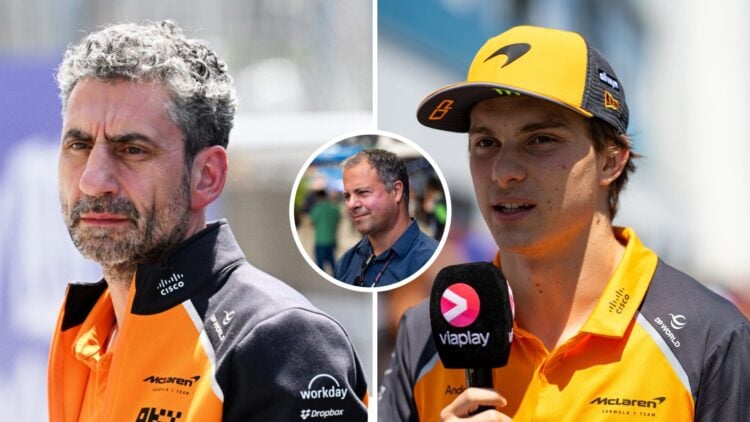 McLaren team principal of Andrea Stella looks on (L); Oscar Piastri in an interview (R); inset of Ted Kravitz