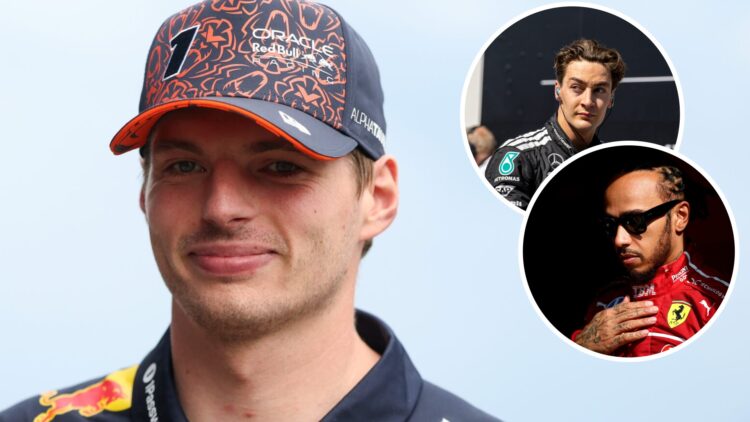 Red Bull driver Max Verstappen in the 2025 F1 Austrian Grand Prix paddock with insets of Ferrari's Lewis Hamilton and Mercedes' George Russell at t...