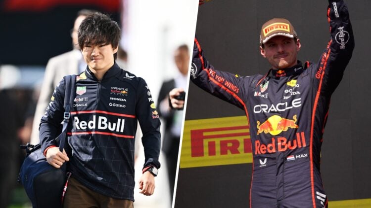 Yuki Tsunoda of Red Bull walks in the F1 paddock (L); Max Verstappen celebrates on the podium (R)