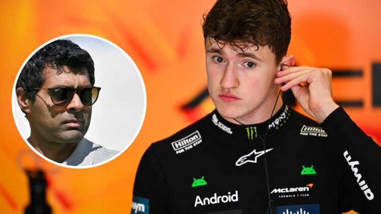 Alex Dunne of McLaren prepares for an F1 session; inset of Karun Chandhok