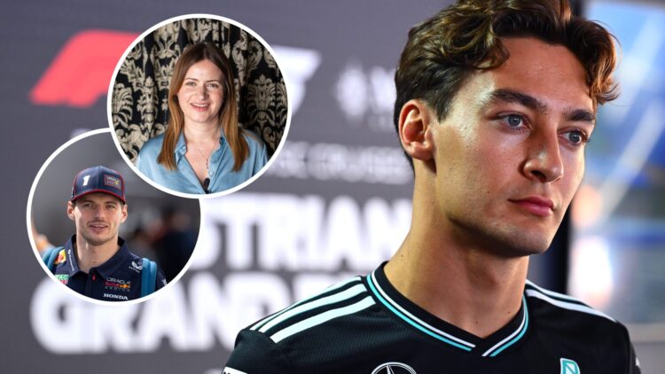 Mercedes driver George Russell speaks to the media at the 2025 F1 Austrian Grand Prix with insets of Red Bull's Max Verstappen at the 2025 Canadian...