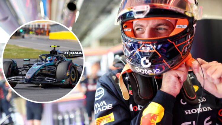 Max Verstappen of Red Bull prepares for an F1 session; inset of Kimi Antonelli driving for Mercedes