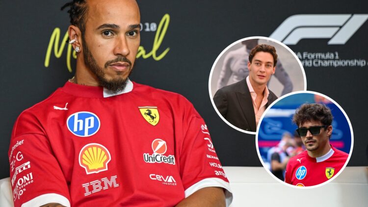 Lewis Hamilton of Ferrari in a press conference; insets of Mercedes driver George Russell and Charles Leclerc