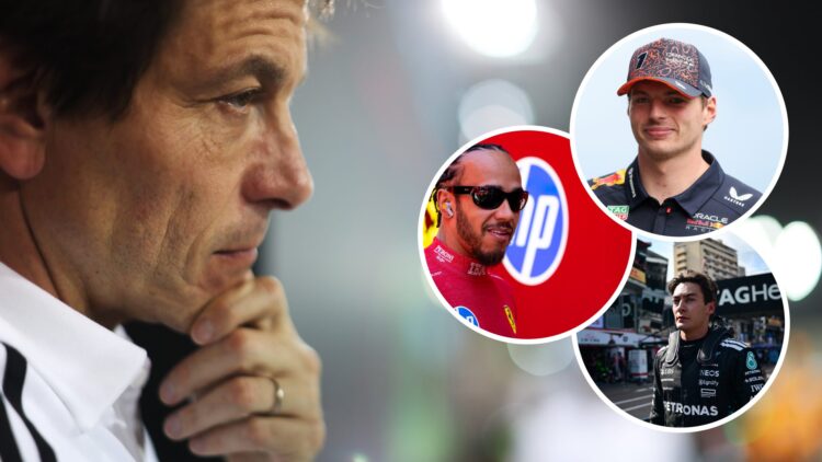 Mercedes team principal Toto Wolff in the 2025 Bahrain Grand Prix paddock with insets of George Russell in the Monaco GP pit lane, Red Bull's Max V...