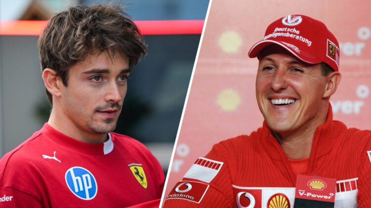 Split image of Charles Leclerc (L) at the 2025 Canadian Grand Prix and Michael Schumacher (R)