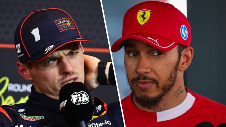 Split image of Red Bull driver Max Verstappen and Ferrari driver Lewis Hamilton, both in interviews