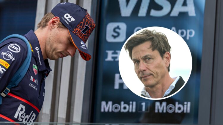 Max Verstappen of Red Bull walks in the F1 paddock; inset of Mercedes team principal Toto Wolff