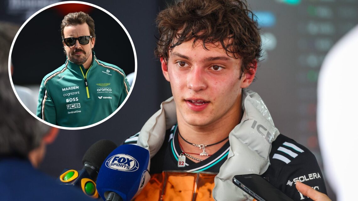 Mercedes driver Kimi Antonelli speaking to the media, inset Aston Martin driver Fernando Alonso