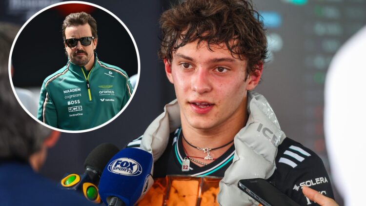 Mercedes driver Kimi Antonelli speaking to the media, inset Aston Martin driver Fernando Alonso