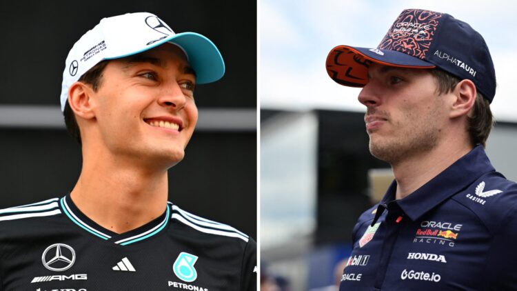 Mercedes driver George Russell and Max Verstappen of Red Bull in the 2025 F1 Austrian Grand Prix paddock