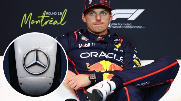 Red Bull driver Max Verstappen before qualifying at the 2025 Canadian Grand Prix, inset Mercedes logo