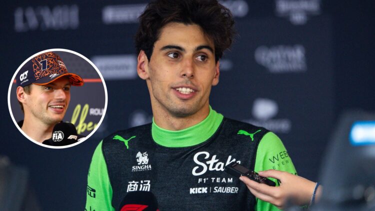 Gabriel Bortoleto of Sauber speaks in an interview; inset of Red Bull driver Max Verstappen